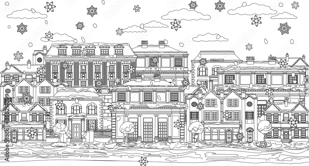 A Christmas street scene with victorian and georgian style houses, shops and other buildings in the snow. In outline like a coloring book page illustration A Christmas street scene with victorian and georgian style houses, shops and other buildings in the snow. In outline like a coloring book page illustration