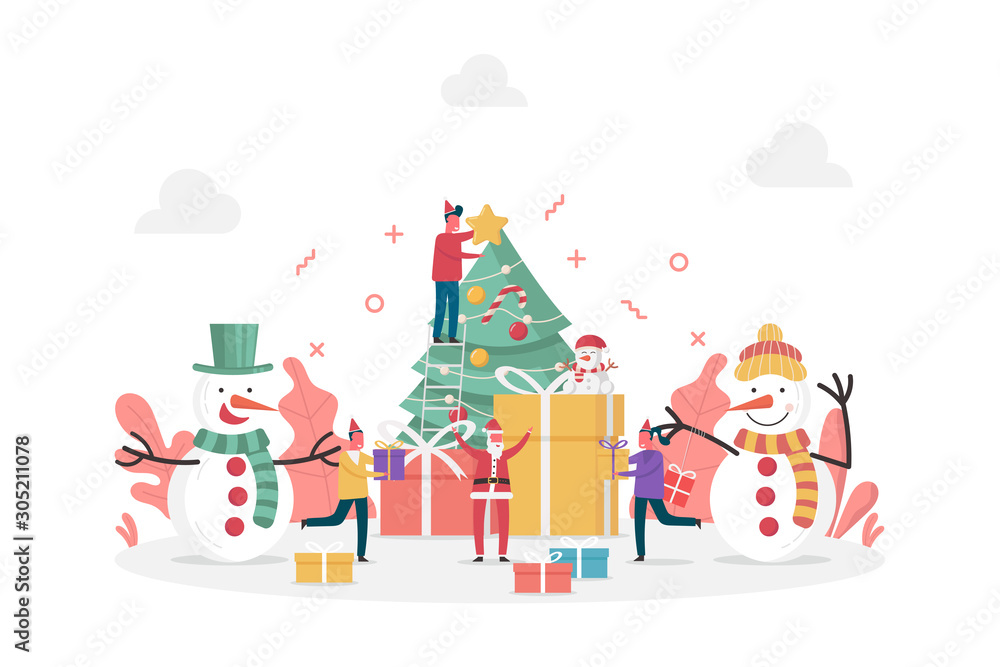 concept of Merry Christmas celebration with large gifts, pine tree, snowman, Santa Claus and tiny people, flat vector illustration for web, landing page, ui, banner, editorial, mobile app and flyer.