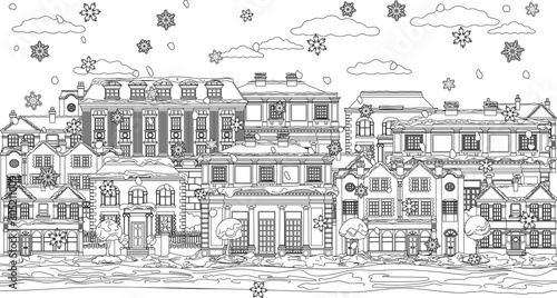 A Christmas street scene with victorian and georgian style houses, shops and other buildings in the snow. In outline like a coloring book page illustration