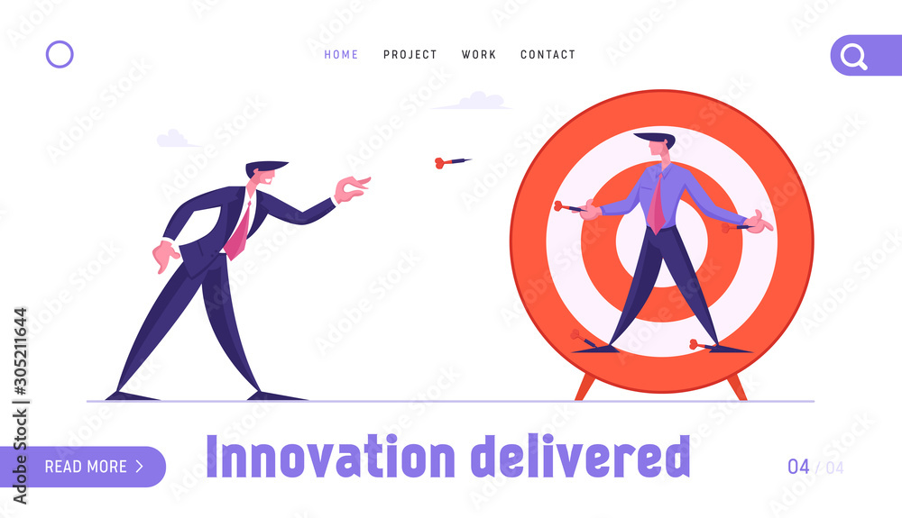 Competition Challenge Website Landing Page. Businessman Throw Darts to Business Man Nailed to Huge Target. Manager Characters Combat for Leadership Web Page Banner. Cartoon Flat Vector Illustration Competition Challenge Website Landing Page. Businessman Throw Darts to Business Man Nailed to Huge Target. Manager Characters Combat for Leadership Web Page Banner. Cartoon Flat Vector Illustration
