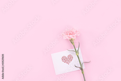 Beautiful, fresh elegant carnation flower bouquet with white greeting thanks gift card isolated on bright pink color background, top view, flat lay concept.