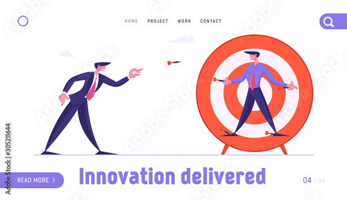 Competition Challenge Website Landing Page. Businessman Throw Darts to Business Man Nailed to Huge Target. Manager Characters Combat for Leadership Web Page Banner. Cartoon Flat Vector Illustration