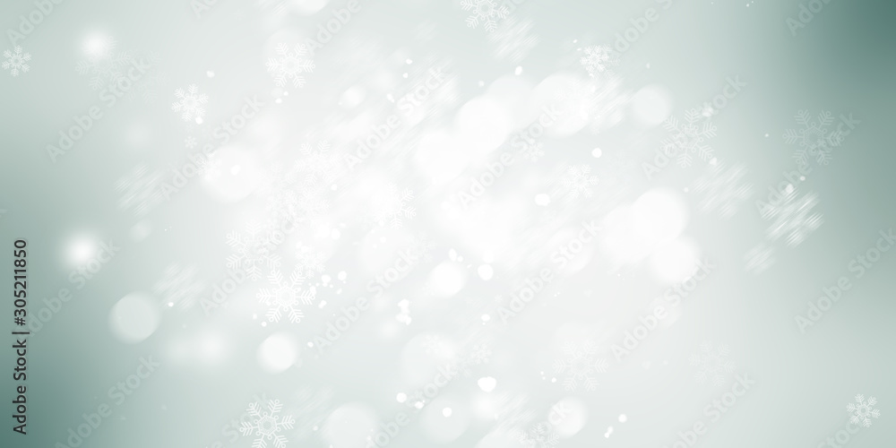 Fototapeta premium white and gray Christmas light with snowflake bokeh background, Winter backdrop wallpaper.