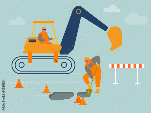 Builder Digging Soil with Shovel near Excavator Bagger Machine. Excavating Work on Foundation, Road Repair. Man Worker Dig Hole in Ground, Construction Machinery. Cartoon Flat Vector Illustration