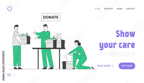 Donation to Poor Homeless People Website Landing Page. Young Man and Woman Altruistic Volunteers Collect Clothes and Toys to Cardboard Boxes for Bums Web Page Banner. Cartoon Flat Vector Illustration