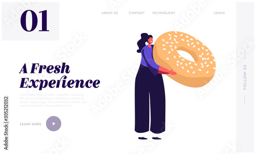Girl Enjoying Pastry and Bakery Product Website Landing Page. Tiny Woman Eating Sweet Food Production. Female Character Hold Huge Donut with Sprinkles Web Page Banner. Cartoon Flat Vector Illustration