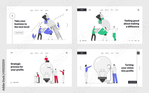 Business Idea, Teamwork Cooperation and Partnership Website Landing Page Set. Businesspeople Set Up Pie Chart, Switch on Huge Light Bulb. Solution Web Page Banner. Cartoon Flat Vector Illustration