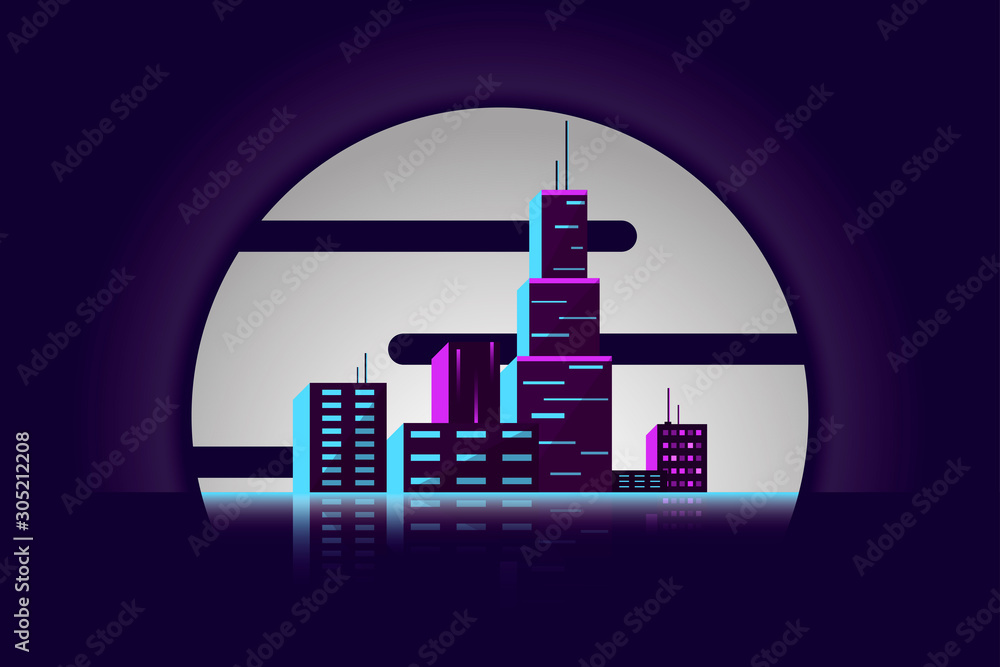 Obraz premium Night city on the background of the moon. Vector illustration of a city panorama. Illustration style is cyberpunk and retro wave