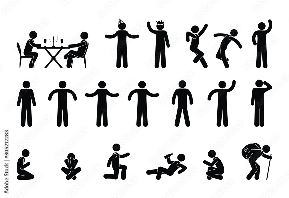 icon man, people stand, sit, lie, stick figure people illustration ...