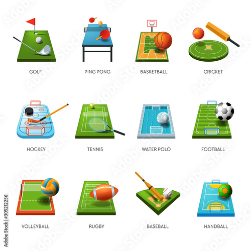 Fields and sport equipment isolated icons, play game