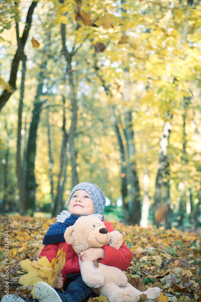 Little toddler boy, sitting with teddy bear in the autumn park, looking at throwing leaves around himself. Little toddler boy, sitting with teddy bear in the autumn park, looking at throwing leaves around himself.