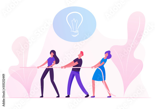 Group of Businesspeople Pulling Rope with Light Bulb Icon above Head. Business Team Fighting for Creative Idea Development in Office or Corporate Company, Tug of War Cartoon Flat Vector Illustration