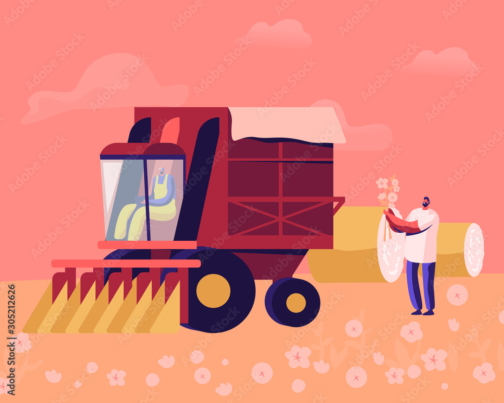 Cotton Picker Working in Field. Mechanized and Manual Harvesting of Fiber Raw  Materials. Driver Riding Truck for Collecting Plants, Man Laborer Working  on Farmland. Cartoon Flat Vector Illustration Stock Vector | Adobe