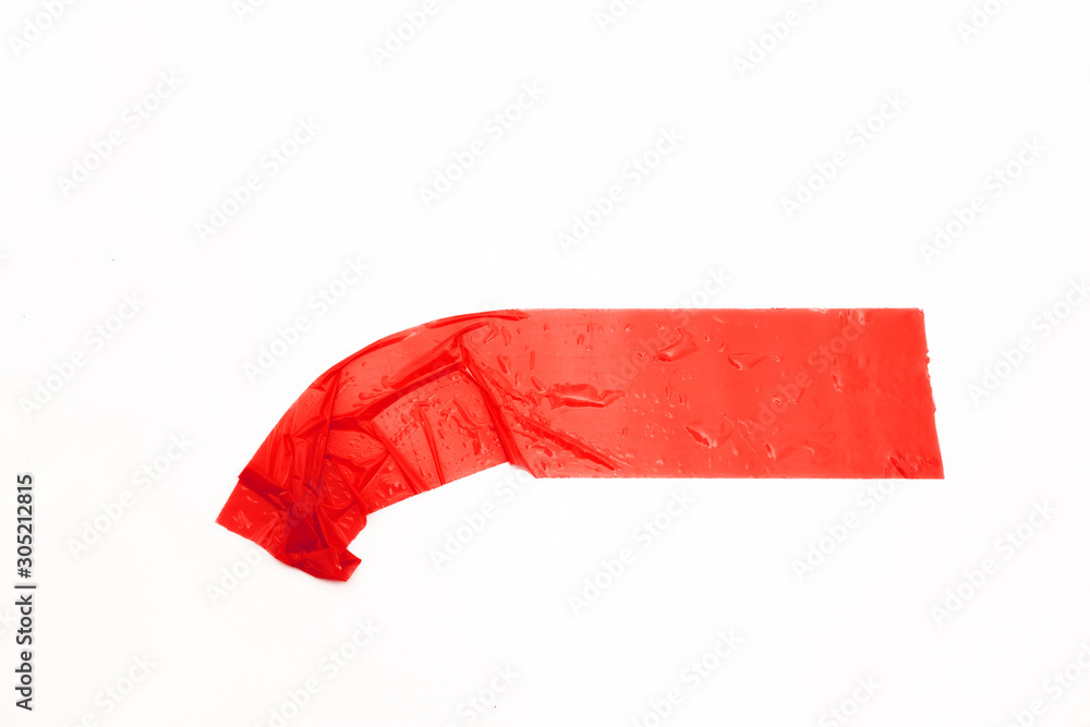 Red tapes on white background. Torn horizontal and different size Red sticky tape, adhesive pieces.