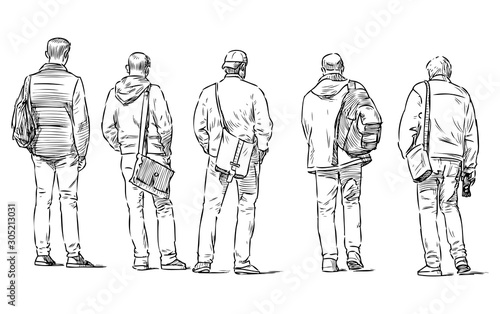Sketch of casual citizens standing by at crosswalk