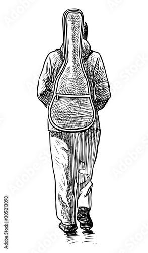 Sketch of casual woman with guitar walking along street