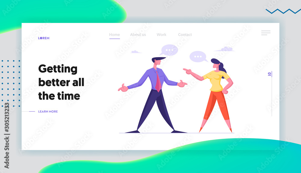 Business Dispute, Disagreement Website Landing Page. Business Woman and Man Arguing and Having Quarrel with Speech Bubbles. Characters Fighting at Work Web Page Banner Cartoon Flat Vector Illustration