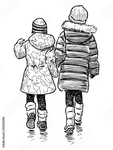 Sketch of small school girls going on a stroll together