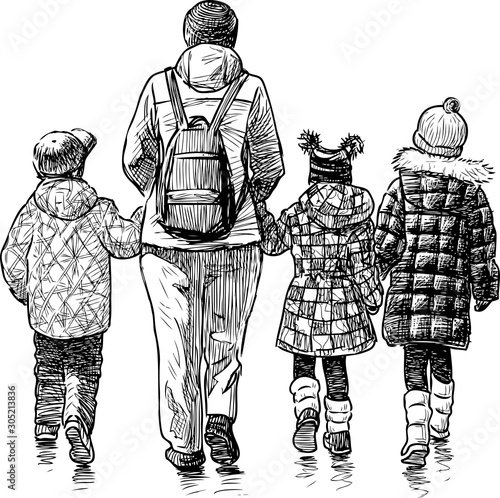Sketch of woman  with her three children going on a stroll