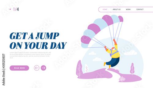 Active Senior Man Skydiver Jumping with Parachute Website Landing Page. Pensioner Sports Activity Hobby. Happy Aged Character Skydiving Extreme Sport Web Page Banner. Cartoon Flat Vector Illustration