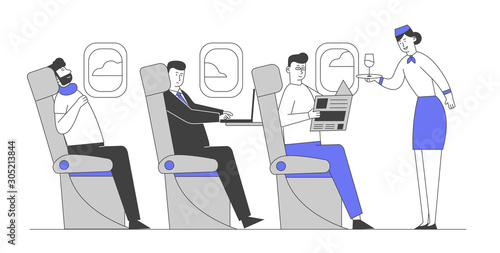 Airplane Crew and Passengers in Plane. Stewardess Giving Drink to Happy People Sitting on Chairs in Economy Class of Aircraft. Airline Transportation Service Cartoon Flat Vector Illustration, Line Art