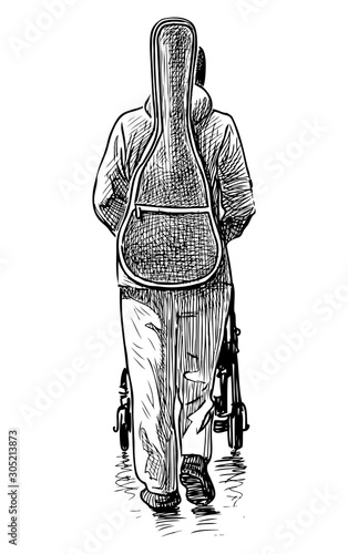 Sketch of woman guitarist with baby carriage walking along street