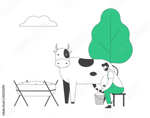 Young Milkmaid Man in Uniform Sitting on Stool Milking Cow to Bucket. Milk and Dairy Farmer Agriculture Products, Farming Rancher Working on Animal Farm. Cartoon Flat Vector Illustration, Line Art