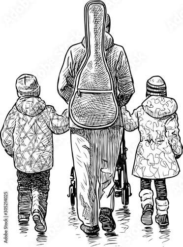 Sketch of woman guitarist with her kids walking along street
