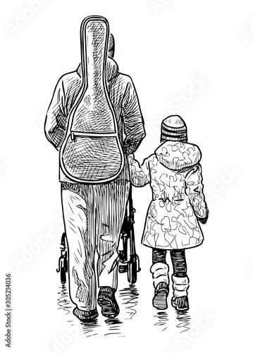 Sketch of woman guitarist with pram and daughter walking along street