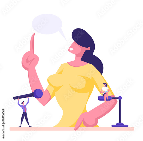 Businesswoman or Politician Character Standing at Tribune with Microphones Giving Speech. Woman Public Speaker Political Debates, Presentation or Television Interview. Cartoon Flat Vector Illustration
