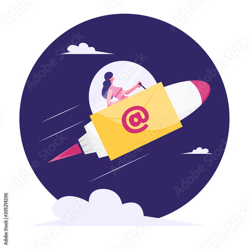 Businesswoman Flying to Space on Rocket Sitting in Cabin with Glass Dome and E-mail Sign on Board. Express Message, Business Mail Correspondence, Document Sending. Cartoon Flat Vector Illustration
