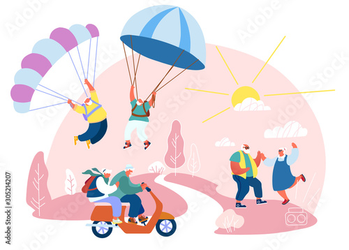 Senior Men and Women Sparetime. Elderly People Active Lifestyle. Happy Aged Pensioners Doing Extreme Sport, Skydiving with Parachute, Riding Motorbike, Disco Dancing. Cartoon Flat Vector Illustration