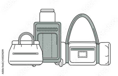 Baggage or luggage, suitcase and sport bag or valise isolated line icon