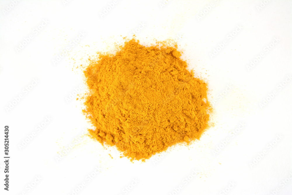 Dry turmeric powder(curcuma longa linn) isolated on white background. Top view. Dry turmeric powder(curcuma longa linn) isolated on white background. Top view.