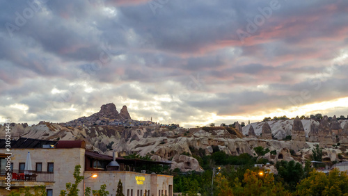 Goreme, Cappadocia, Turkey on sunset. Famous center of balloon fligths.