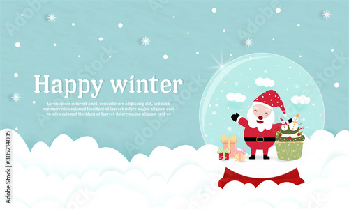 sweet globe Christmas banner Santa stand with gift boxes. Cute cup cake decoration with snowman cute cartoon style.paper background blue pastel color winter happy new year.celebrate party holiday gree