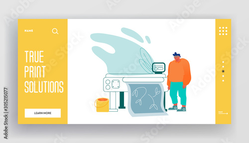 Creative Typography Workflow in Printing House Website Landing Page. Designer Work with Widescreen Laser Printer Producing Polygraphic Production Web Page Banner. Cartoon Flat Vector Illustration