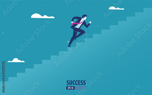 Business startup concept. Businessman running the stairs up to be success. vector illustration