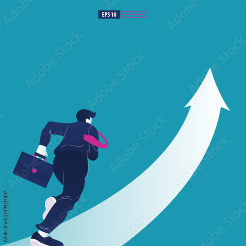 Businessman holding a briefcase running to the arrow. Catch the opportunity.  background vector illustration