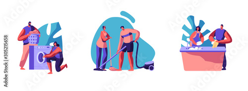 Home Household Activities Set. Family Couple Vacuuming Floor, Laundering Clothes in Washing Machine and Wash Dishes on Kitchen. Domestic Work Every Day Routine Chores. Cartoon Flat Vector Illustration