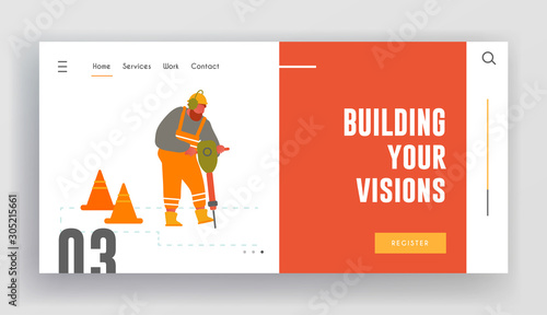 Highway Maintenance Website Landing Page. Builder with Jackhammer Breaking Asphalt at Road Construction Site with Warning Cones Remove Old Pavement Web Page Banner. Cartoon Flat Vector Illustration