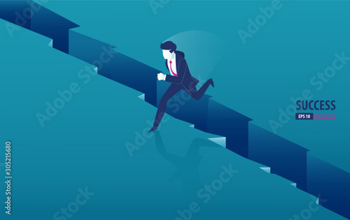 Isometric businessman jumping over the gap between cliffs. business vector illustration