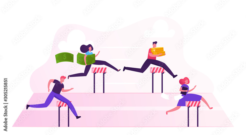 Business People Characters Obstacle Race. Managers Holding Money and Documents Jumping over Barriers on Stadium Running by Row. Leadership, Colleagues Steeplechase. Cartoon Flat Vector Illustration