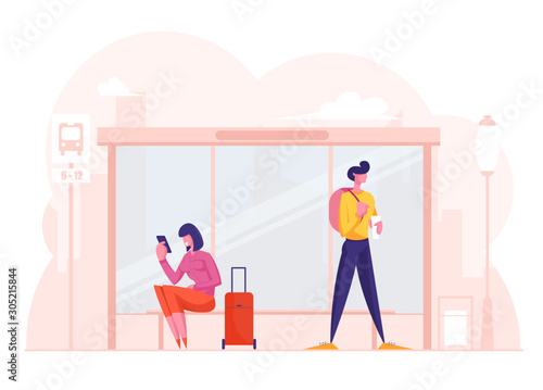 Young Stylish Woman with Suitcase and Man with Backpack Stand on Bus Stop Waiting Commuter. Girl Calling by Smartphone. City Life, People on Public Transport Station. Cartoon Flat Vector Illustration
