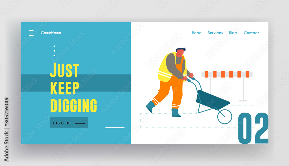 Builder Pushing Wheelbarrow Working on Construction Site or Road Repair Website Landing Page. Laborer Using Manual Cart for Removing Soil and Sand Web Page Banner. Cartoon Flat Vector Illustration Builder Pushing Wheelbarrow Working on Construction Site or Road Repair Website Landing Page. Laborer Using Manual Cart for Removing Soil and Sand Web Page Banner. Cartoon Flat Vector Illustration