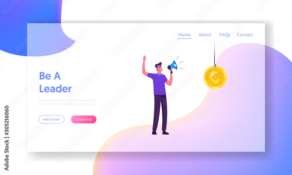 Race for Leadership Website Landing Page. Businessman Leader Yelling to Megaphone Standing near Golden Coin Hanging on Rope as Motivation for Workers. Web Page Banner. Cartoon Flat Vector Illustration Race for Leadership Website Landing Page. Businessman Leader Yelling to Megaphone Standing near Golden Coin Hanging on Rope as Motivation for Workers. Web Page Banner. Cartoon Flat Vector Illustration