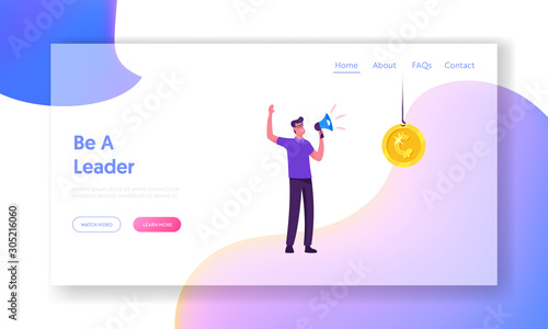 Race for Leadership Website Landing Page. Businessman Leader Yelling to Megaphone Standing near Golden Coin Hanging on Rope as Motivation for Workers. Web Page Banner. Cartoon Flat Vector Illustration