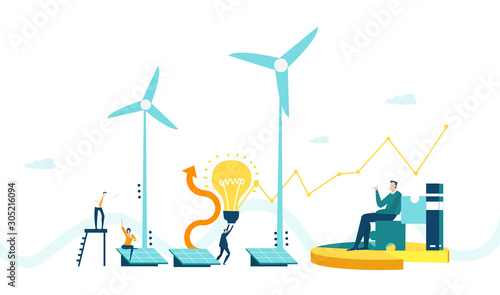 People generating solar energy. Wind turbines and storage batteries.  Alternative energy sources  eco friendly future  safe the planet concept. Business concept illustration