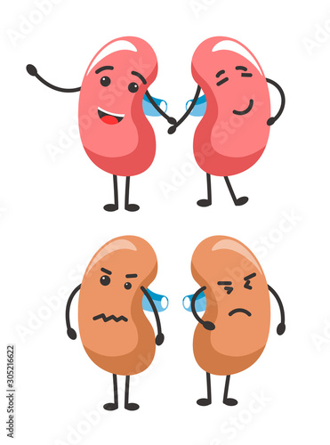 Organs with face, kidneys pair isolated icons, sick and healthy
