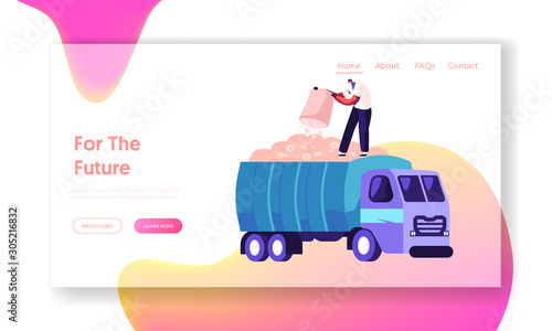 Laborer Collecting Plants on Meadow Website Landing Page. Man Pour Ripe Cotton Flowers to Harvesting Industrial Machine on Field. Textile Manufacture Web Page Banner. Cartoon Flat Vector Illustration